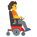 person in motorized wheelchair facing right